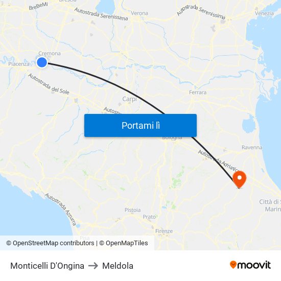 Monticelli D'Ongina to Meldola map