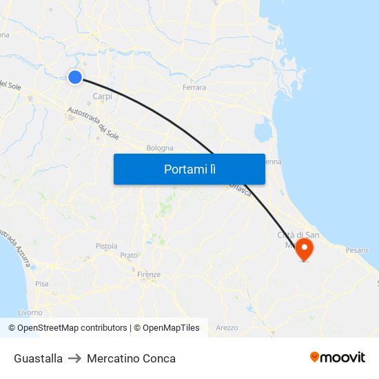 Guastalla to Mercatino Conca map