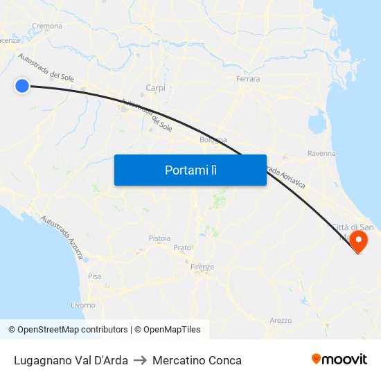 Lugagnano Val D'Arda to Mercatino Conca map