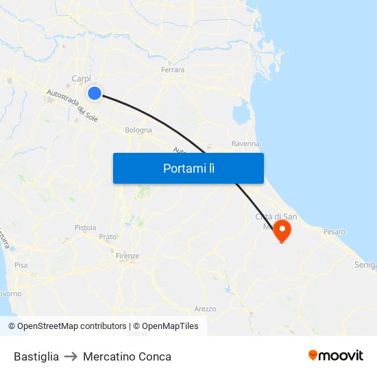 Bastiglia to Mercatino Conca map