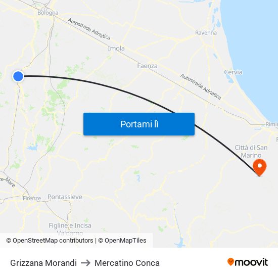 Grizzana Morandi to Mercatino Conca map