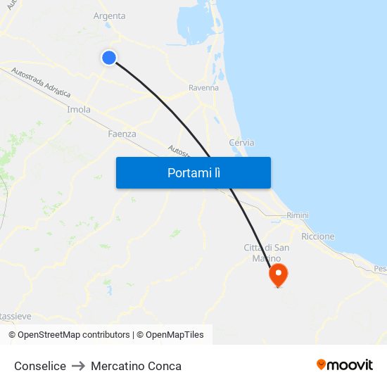 Conselice to Mercatino Conca map
