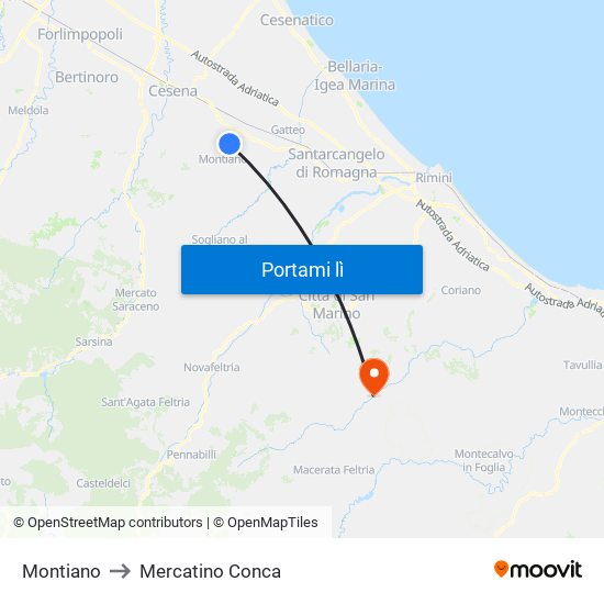 Montiano to Mercatino Conca map