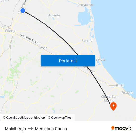 Malalbergo to Mercatino Conca map