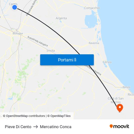 Pieve Di Cento to Mercatino Conca map