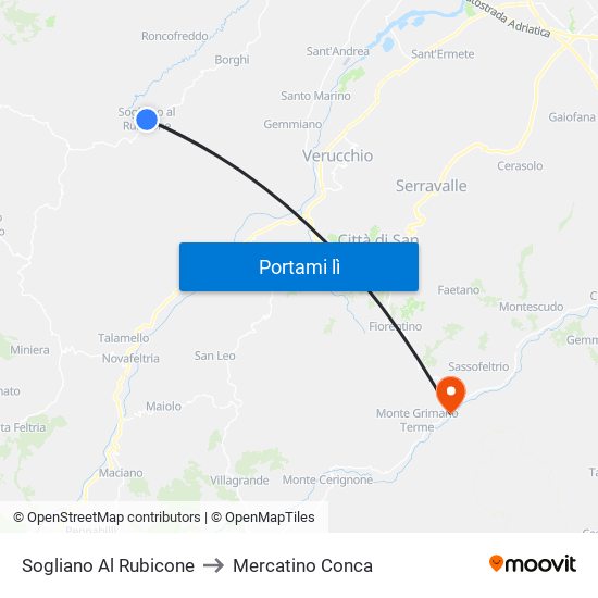 Sogliano Al Rubicone to Mercatino Conca map