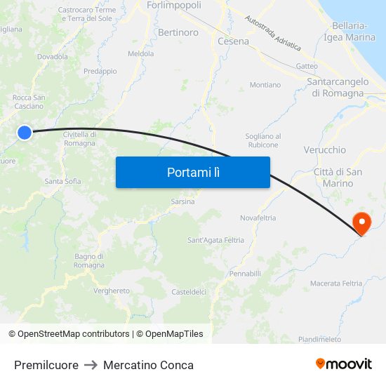 Premilcuore to Mercatino Conca map