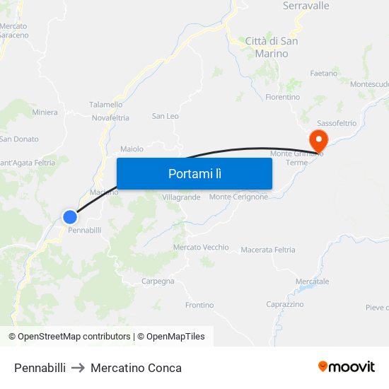 Pennabilli to Mercatino Conca map