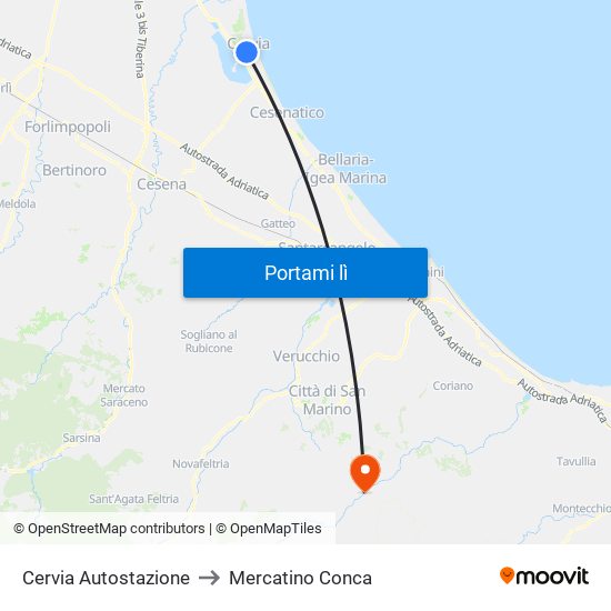 Cervia Autostazione to Mercatino Conca map