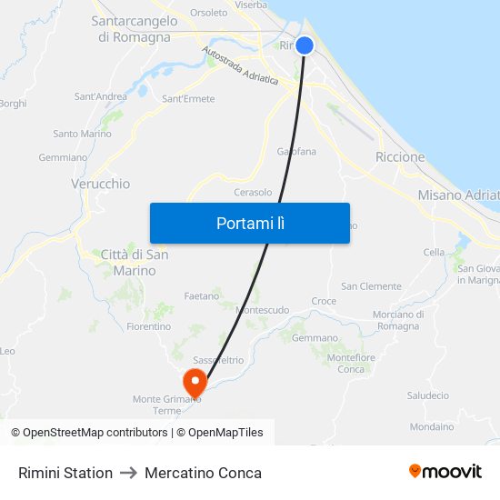 Rimini Station to Mercatino Conca map