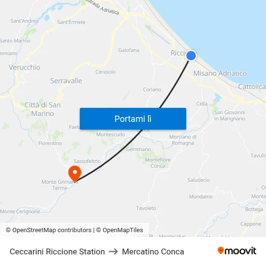 Ceccarini Riccione Station to Mercatino Conca map