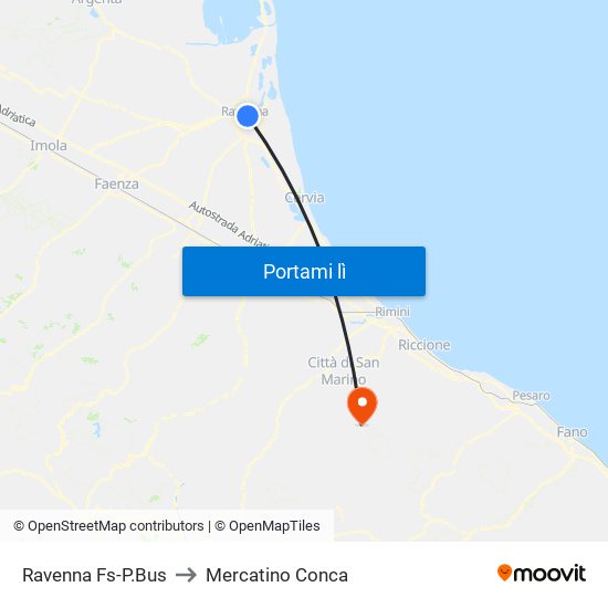 Ravenna Fs-P.Bus to Mercatino Conca map