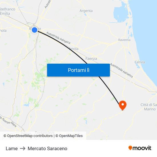 Lame to Mercato Saraceno map