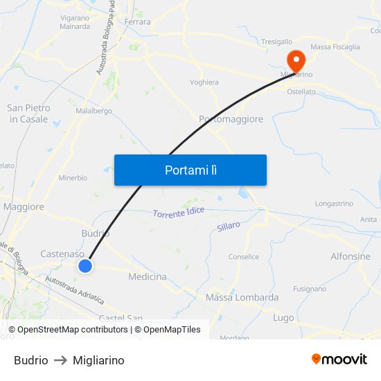 Budrio to Migliarino map