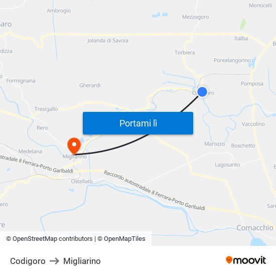 Codigoro to Migliarino map