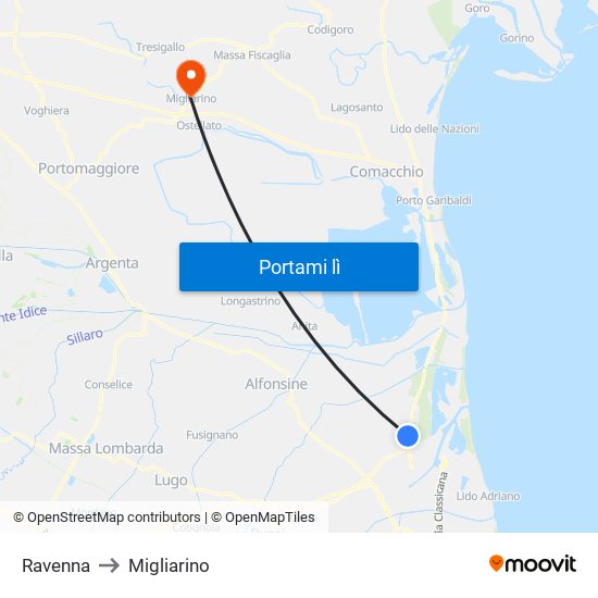 Ravenna to Migliarino map