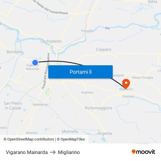 Vigarano Mainarda to Migliarino map
