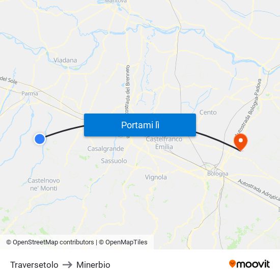 Traversetolo to Minerbio map