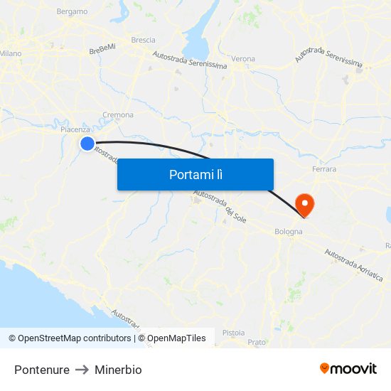 Pontenure to Minerbio map