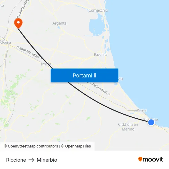 Riccione to Minerbio map