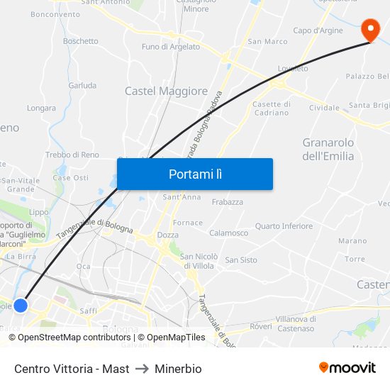 Centro Vittoria - Mast to Minerbio map