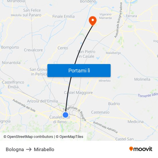 Bologna to Mirabello map