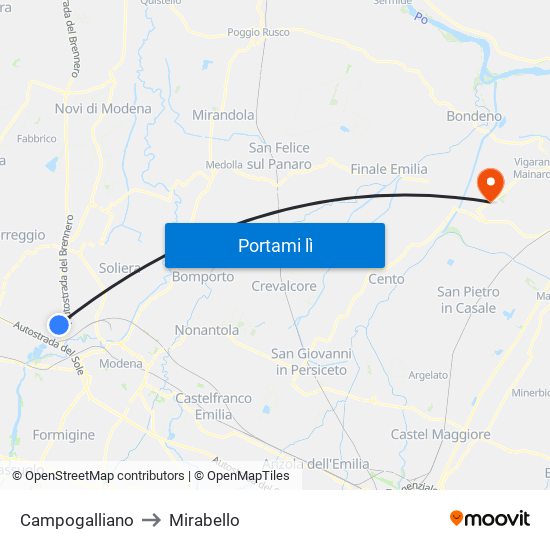 Campogalliano to Mirabello map