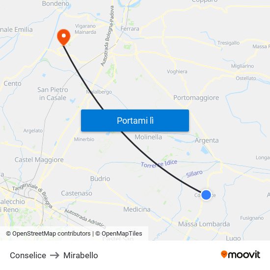 Conselice to Mirabello map