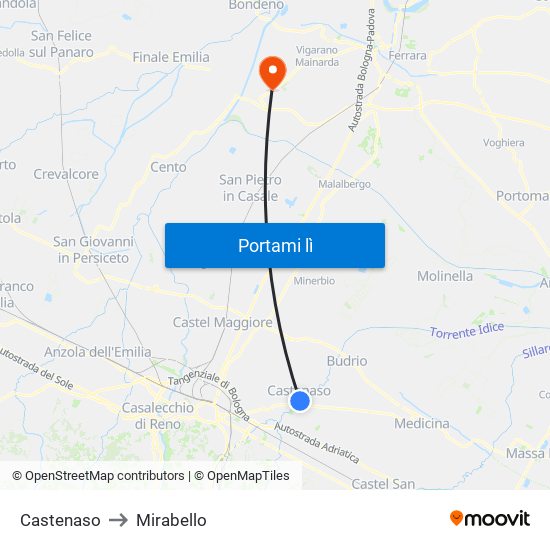 Castenaso to Mirabello map
