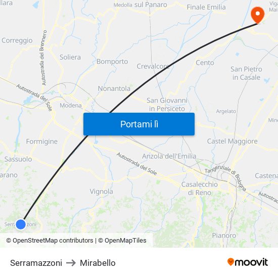 Serramazzoni to Mirabello map