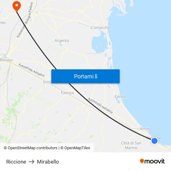 Riccione to Mirabello map