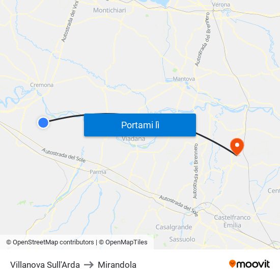 Villanova Sull'Arda to Mirandola map