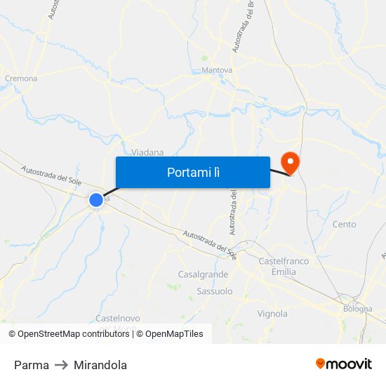 Parma to Mirandola map