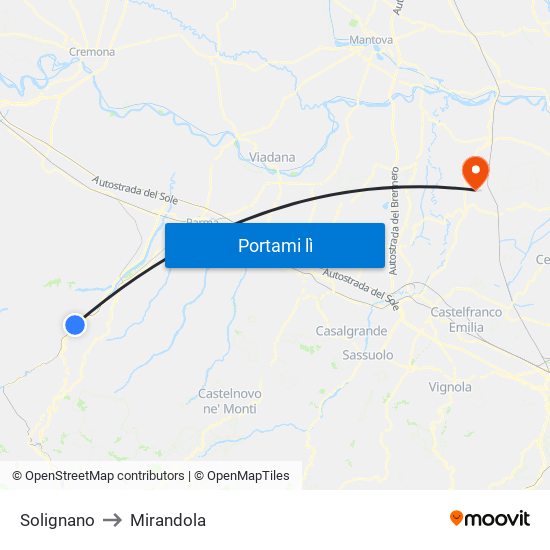 Solignano to Mirandola map