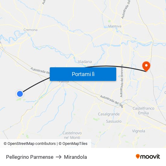 Pellegrino Parmense to Mirandola map