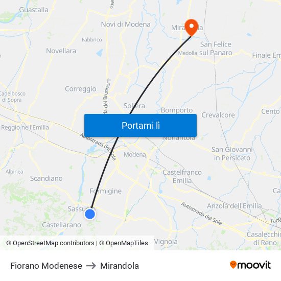 Fiorano Modenese to Mirandola map