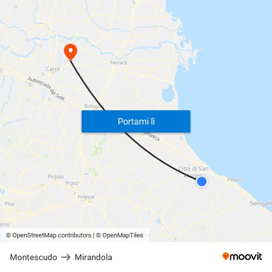 Montescudo to Mirandola map