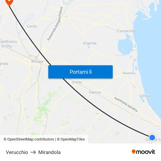 Verucchio to Mirandola map