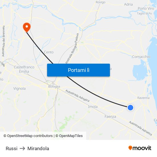 Russi to Mirandola map