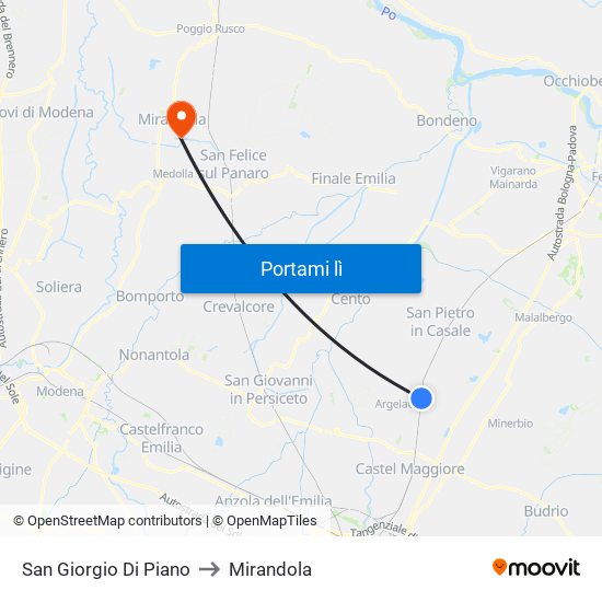 San Giorgio Di Piano to Mirandola map