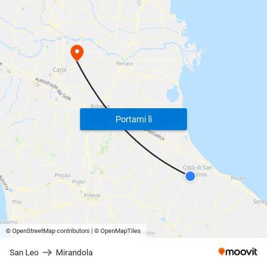 San Leo to Mirandola map