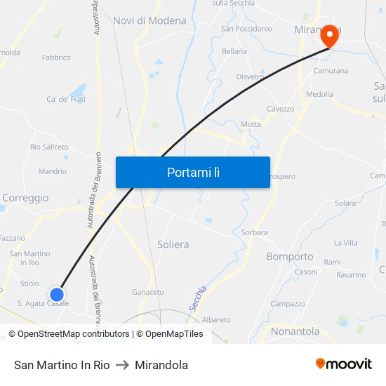 San Martino In Rio to Mirandola map