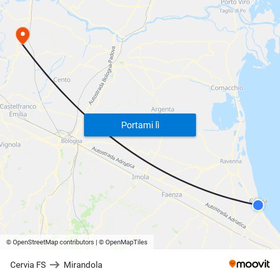 Cervia FS to Mirandola map