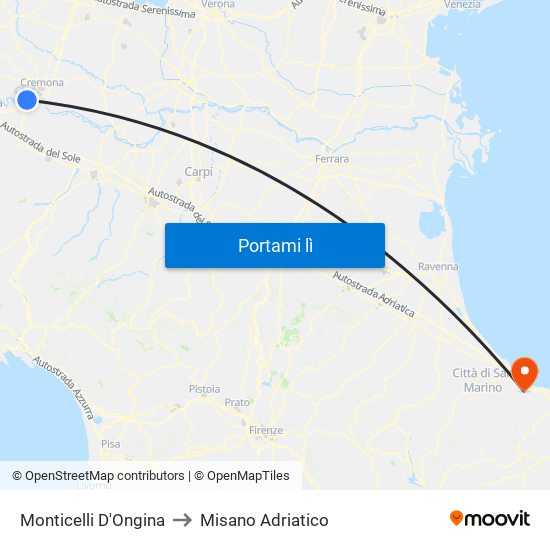 Monticelli D'Ongina to Misano Adriatico map