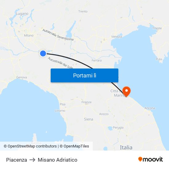 Piacenza to Misano Adriatico map