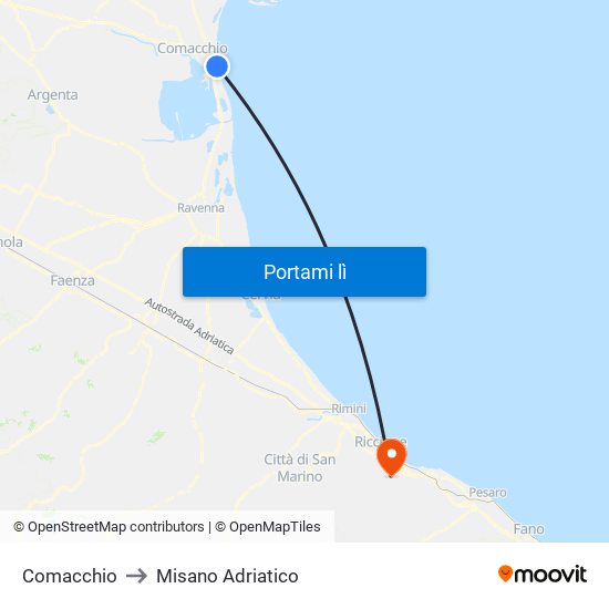 Comacchio to Misano Adriatico map