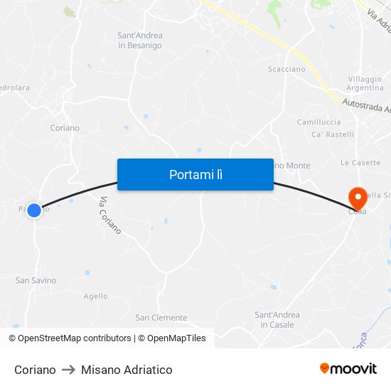 Coriano to Misano Adriatico map
