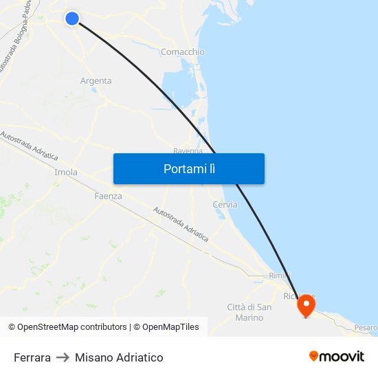 Ferrara to Misano Adriatico map