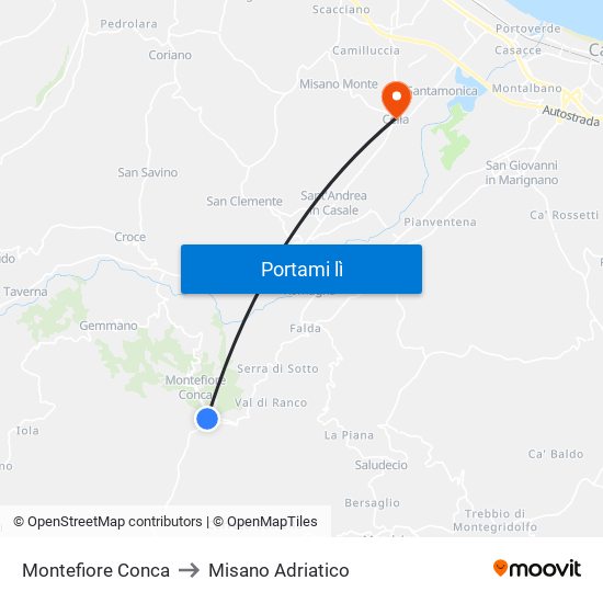Montefiore Conca to Misano Adriatico map