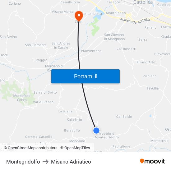 Montegridolfo to Misano Adriatico map